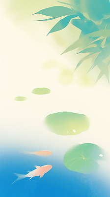 JPG 일러스트 사람없음 파란색 연못 연잎 잉어 뿌연 몽환 국내일러스트 AI일러스트 AI콘텐츠 컬러 컨셉 잎 어류 파일형식