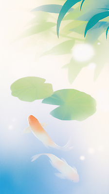 JPG 일러스트 사람없음 파란색 연못 연잎 잉어 뿌연 몽환 국내일러스트 AI일러스트 AI콘텐츠 컬러 컨셉 잎 어류 파일형식