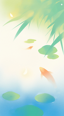 JPG 일러스트 사람없음 파란색 연못 연잎 잉어 뿌연 몽환 국내일러스트 AI일러스트 AI콘텐츠 컬러 컨셉 잎 어류 파일형식