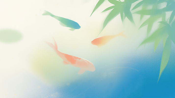 JPG 일러스트 사람없음 파란색 연못 연잎 잉어 뿌연 몽환 국내일러스트 AI일러스트 AI콘텐츠 컬러 컨셉 잎 어류 파일형식