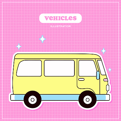 교통수단 분홍색 일러스트 사람없음 반짝임 오브젝트 격자 미니밴 엘리먼트 아기자기 국내일러스트 AI파일 컬러 교통 컨셉 무늬 모션 밴 파일형식 벡터