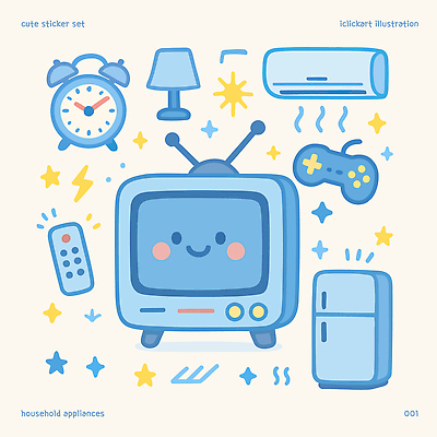 하늘색 일러스트 미소 사람없음 반짝임 귀여움 텔레비전 자명종 스탠드 리모컨 에어컨 냉장고 번개모양 국내일러스트 AI파일 모양 시계 컨셉 모션 조명 표정 파란색 전자제품 가전제품 알람 번개 파일형식 벡터