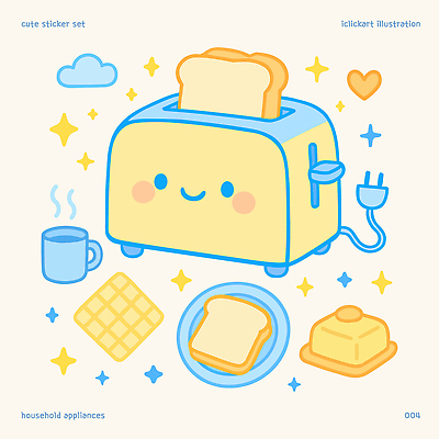 구름 접시 하늘색 일러스트 미소 사람없음 반짝임 노란색 귀여움 머그컵 콘센트 식빵 버터 토스트기 국내일러스트 AI파일 자연요소 식기 빵 컬러 컨셉 모션 표정 컵 파란색 가전제품 파일형식 벡터