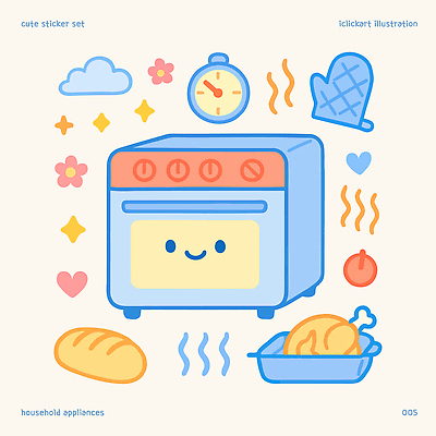 구름 꽃 빵 하늘색 일러스트 미소 사람없음 귀여움 통닭 하트 오븐 전기에너지 타이머 주방장갑 국내일러스트 AI파일 자연요소 모양 식물 음식 장갑 컨셉 표정 파란색 치킨 가전제품 에너지 파일형식 벡터