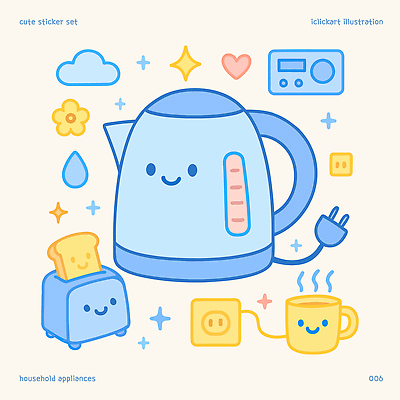 구름 꽃 하늘색 일러스트 미소 사람없음 반짝임 귀여움 머그컵 물방울 콘센트 식빵 포트 토스트기 국내일러스트 AI파일 자연요소 식물 빵 컨셉 모션 표정 컵 파란색 가전제품 파일형식 벡터