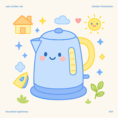 구름 하늘색 잎 일러스트 주택 미소 사람없음 반짝임 태양 귀여움 포트 다리미 국내일러스트 AI파일 자연요소 식물 컨셉 모션 표정 건물 파란색 가전제품 파일형식 벡터