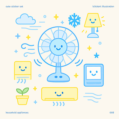 구름 화분 하늘색 일러스트 바람 눈꽃 미소 사람없음 반짝임 노란색 새싹 귀여움 스탠드 선풍기 시원함 에어컨 국내일러스트 AI파일 자연요소 식물 컬러 컨셉 모션 날씨 조명 눈_날씨 표정 파란색 가전제품 파일형식 벡터