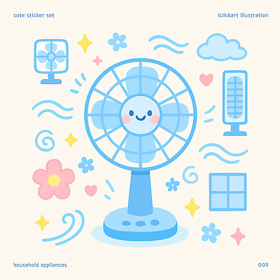 구름 꽃 하늘색 일러스트 창문 바람 미소 사람없음 귀여움 선풍기 시원함 국내일러스트 AI파일 자연요소 식물 컨셉 날씨 표정 파란색 가전제품 파일형식 벡터
