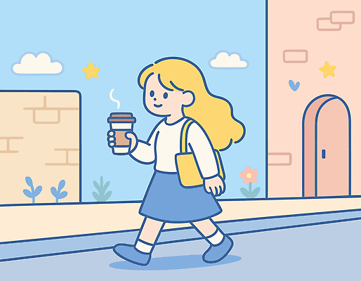 전신 구름 여자 꽃 도로 커피 벽 일러스트 하늘 한명 미소 들기 성인 건물 일상 걷기 에코백 테이크아웃컵 성인여자한명만 국내일러스트 AI파일 자연요소 식물 1 건축물 길 음료 가방 교통시설 모션 표정 사람 라이프 컵 에코 여자한명만 성인여자만 파일형식 벡터