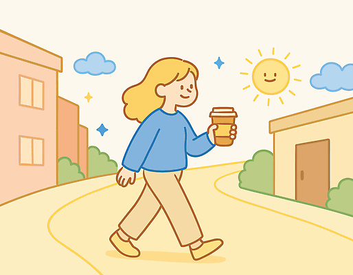 전신 구름 여자 길 커피 일러스트 한명 미소 들기 성인 건물 일상 반짝임 태양 걷기 풀 테이크아웃컵 성인여자한명만 국내일러스트 AI파일 자연요소 식물 1 건축물 음료 모션 표정 사람 라이프 컵 여자한명만 성인여자만 파일형식 벡터