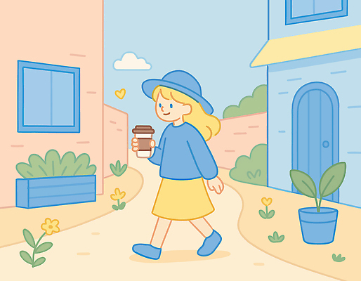 전신 구름 모자 여자 꽃 화분 길 커피 벽 일러스트 하늘 한명 미소 들기 성인 건물 일상 걷기 풀잎 테이크아웃컵 성인여자한명만 국내일러스트 AI파일 자연요소 식물 1 건축물 잡화 음료 잎 모션 표정 사람 라이프 컵 풀_식물 여자한명만 성인여자만 파일형식 벡터
