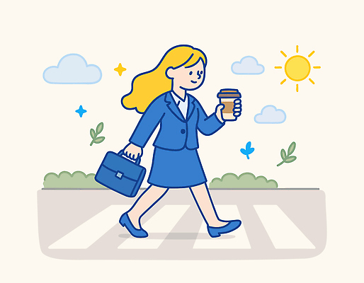 전신 구름 여자 커피 서류가방 일러스트 하늘 한명 미소 들기 정장 성인 일상 태양 걷기 비즈니스우먼 풀 횡단보도 건너기 테이크아웃컵 성인여자한명만 국내일러스트 AI파일 자연요소 식물 1 옷 음료 가방 비즈니스 모션 표정 사람 라이프 컵 직장인 보행로 여자한명만 성인여자만 파일형식 벡터