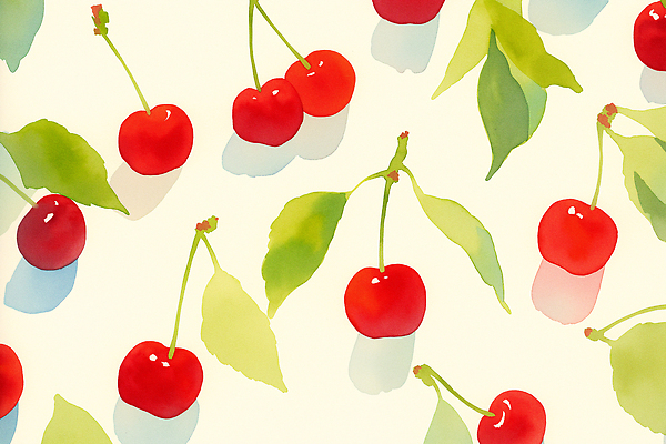 JPG 잎 패턴 일러스트 수채화 그림자 사람없음 체리 국내일러스트 AI일러스트 AI콘텐츠 식물 무늬 과일 파일형식
