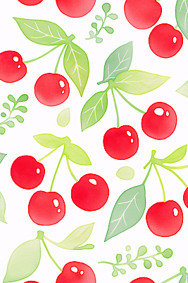 JPG 잎 패턴 일러스트 수채화 사람없음 체리 국내일러스트 AI일러스트 AI콘텐츠 식물 무늬 과일 파일형식