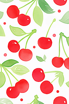 JPG 잎 패턴 일러스트 수채화 사람없음 체리 국내일러스트 AI일러스트 AI콘텐츠 식물 무늬 과일 파일형식