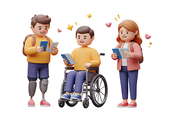 전신 PSD 편집이미지 여자 남자 행복 3D캐릭터 대화 미소 들기 앉기 팜플렛 성인 세명 반짝임 3D 하트 장애인 휠체어 백팩 성인만 편집3D 모양 캐릭터 감정 가방 모션 표정 말하기 사람 디지털합성 장애 파일형식