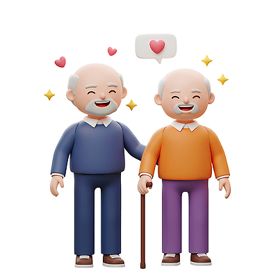 전신 PSD 편집이미지 노년 남자 행복 말풍선 지팡이 3D캐릭터 대화 미소 두명 반짝임 3D 하트 잡기 노인남자만 편집3D 모양 캐릭터 감정 모션 표정 말하기 사람 성인 디지털합성 남자만 노인만 파일형식