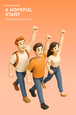 전신 PSD 편집이미지 여자 남자 대학생 미소 성인 세명 3D 손들기 걷기 희망 주먹 시작 백팩 성인만 편집3D 학생 감정 가방 모션 표정 사람 디지털합성 파일형식