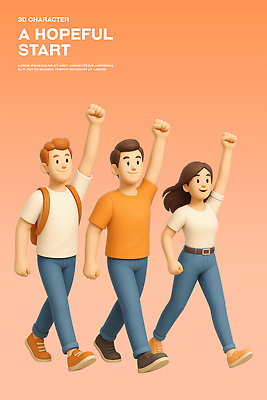 전신 PSD 편집이미지 여자 남자 대학생 미소 성인 세명 3D 손들기 걷기 희망 주먹 시작 백팩 성인만 편집3D 학생 감정 가방 모션 표정 사람 디지털합성 파일형식