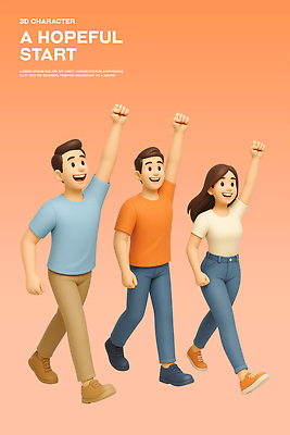 전신 PSD 편집이미지 여자 남자 대학생 미소 성인 세명 3D 손들기 걷기 희망 주먹 시작 성인만 편집3D 학생 감정 모션 표정 사람 디지털합성 파일형식
