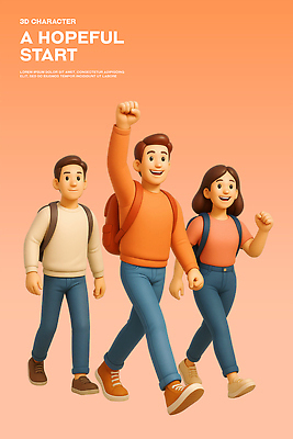 전신 PSD 편집이미지 여자 남자 대학생 미소 성인 세명 3D 손들기 걷기 희망 주먹 시작 백팩 성인만 편집3D 학생 감정 가방 모션 표정 사람 디지털합성 파일형식
