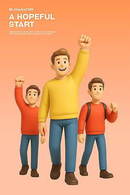 전신 PSD 편집이미지 남자 대학생 미소 성인 세명 3D 손들기 걷기 희망 주먹 시작 백팩 성인남자만 편집3D 학생 감정 가방 모션 표정 사람 디지털합성 남자만 성인만 파일형식