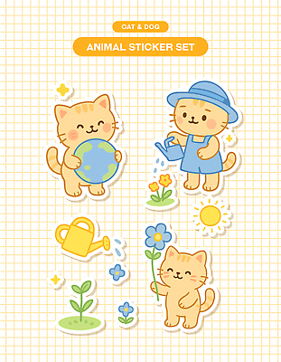 모자 꽃 지구 일러스트 미소 들기 잔디 사람없음 반짝임 태양 노란색 귀여움 환경 고양이 물뿌리개 물주기 국내일러스트 AI파일 자연요소 식물 잡화 컬러 컨셉 포유류 모션 표정 반려동물 파일형식 벡터