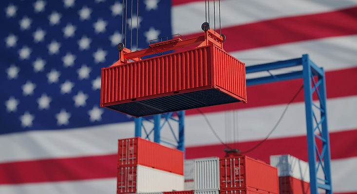 JPG 편집이미지 비즈니스 사람없음 경제 미국 성조기 위험 컨테이너 사회이슈 무역 전쟁 관세 무역전쟁 세관 편집실사 IC큐레이션 AI포토 AI콘텐츠 산업 컨셉 북아메리카 국기 CG 세금 파일형식 관세청