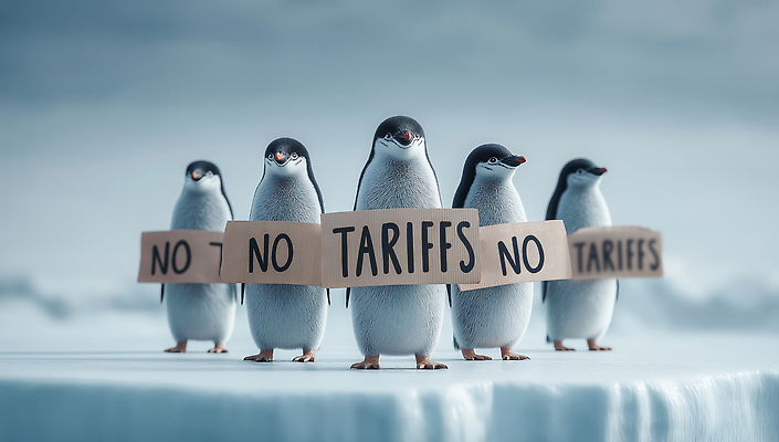 JPG 전신 편집이미지 포스터 하늘색 사람없음 얼음 팻말 표현 남극 사회이슈 무역 펭귄 퍼포먼스 시위 교역 연대 관세 무역전쟁 편집실사 IC큐레이션 AI컴퓨터그래픽 AI콘텐츠 자연요소 산업 컨셉 조류 프레임 파란색 극지방 CG 세금 파일형식