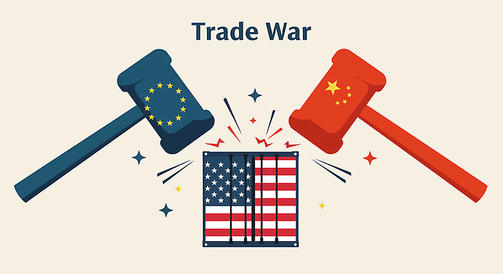 유럽 상징 일러스트 협상 사람없음 경제 미국 경쟁 성조기 망치 컨테이너 오성홍기 사회이슈 무역 전략 갈등 물류 교역 베이지색 분쟁 외교 유엔기 정책 정치 관세 무역전쟁 국내일러스트 IC큐레이션 AI파일 나라 산업 컬러 컨셉 북아메리카 비즈니스 중국 공구 국기 세금 파일형식 벡터