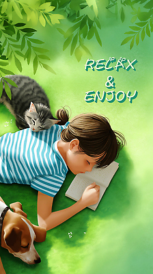 PSD 여자 어린이 엎드리기 일러스트 휴식 나뭇잎 그림자 한명 소녀 잔디 상반신 야외 책 초록색 햇빛 눈감음 고양이 잠 강아지 편안함 소녀한명만 국내일러스트 식물 1 컬러 컨셉 잎 포유류 모션 사람 반려동물 태양 감각 개 여자한명만 소녀만 파일형식