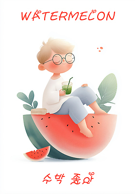 PSD 남자 음료 어린이 잎 일러스트 빨대 한명 미소 들기 앉기 소년 빨간색 눈감음 수박조각 음료수컵 소년한명만 안경낌 국내일러스트 식물 1 안경 컬러 조각 모션 수박 표정 사람 컵 남자한명만 소년만 파일형식