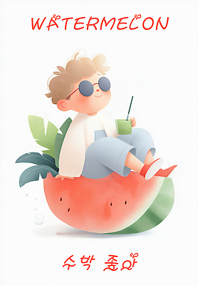 PSD 남자 음료 어린이 잎 일러스트 빨대 한명 미소 들기 앉기 소년 빨간색 선글라스 다리들기 수박조각 음료수컵 소년한명만 국내일러스트 식물 1 안경 컬러 조각 모션 수박 표정 사람 컵 남자한명만 소년만 파일형식