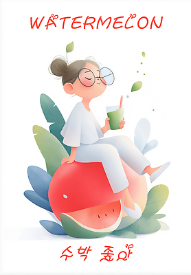 PSD 여자 음료 어린이 잎 일러스트 빨대 한명 미소 들기 앉기 소녀 빨간색 눈감음 수박조각 음료수컵 소녀한명만 안경낌 국내일러스트 식물 1 안경 컬러 조각 모션 수박 표정 사람 컵 여자한명만 소녀만 파일형식