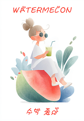 PSD 여자 음료 어린이 잎 일러스트 빨대 한명 미소 들기 앉기 소녀 빨간색 선글라스 눈감음 수박조각 음료수컵 소녀한명만 국내일러스트 식물 1 안경 컬러 조각 모션 수박 표정 사람 컵 여자한명만 소녀만 파일형식