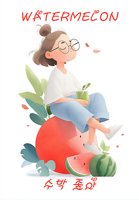 PSD 여자 음료 어린이 잎 일러스트 빨대 한명 미소 들기 앉기 소녀 빨간색 눈감음 수박조각 음료수컵 소녀한명만 안경낌 국내일러스트 식물 1 안경 컬러 조각 모션 수박 표정 사람 컵 여자한명만 소녀만 파일형식