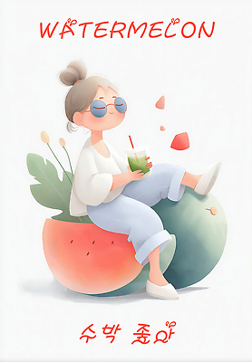 PSD 여자 음료 어린이 잎 일러스트 빨대 한명 미소 들기 앉기 소녀 빨간색 선글라스 눈감음 수박조각 음료수컵 소녀한명만 국내일러스트 식물 1 안경 컬러 조각 모션 수박 표정 사람 컵 여자한명만 소녀만 파일형식