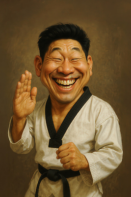 JPG 편집이미지 남자 중년 한명 웃음 상반신 갈색 손들기 주먹 유머 역동적 태권도복 열정 태권도선수 검은띠 중년남자한명만 편집실사 1 감정 스포츠용품 컬러 컨셉 모션 운동선수 표정 도복 사람 성인 끈 CG 태권도 남자한명만 중년남자만 파일형식