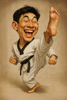 JPG 전신 편집이미지 남자 중년 한명 웃음 갈색 주먹 유머 킥 역동적 태권도복 열정 태권도선수 검은띠 중년남자한명만 편집실사 1 감정 스포츠용품 컬러 컨셉 모션 운동선수 표정 도복 사람 성인 끈 CG 태권도 남자한명만 중년남자만 파일형식