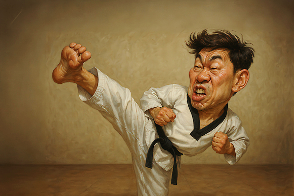 JPG 편집이미지 남자 중년 한명 갈색 주먹 유머 찡그림 역동적 태권도복 열정 태권도선수 검은띠 옆차기 중년남자한명만 편집실사 1 감정 스포츠용품 컬러 컨셉 모션 운동선수 표정 도복 사람 성인 끈 킥 CG 태권도 남자한명만 중년남자만 파일형식