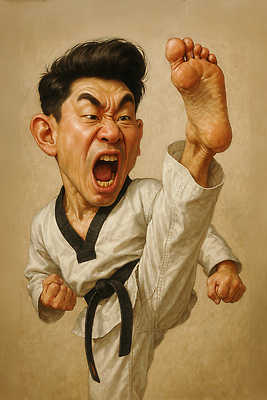 JPG 편집이미지 남자 중년 한명 갈색 외침 주먹 유머 킥 역동적 태권도복 열정 태권도선수 검은띠 중년남자한명만 편집실사 1 감정 스포츠용품 컬러 컨셉 모션 운동선수 도복 사람 성인 소리 끈 CG 태권도 남자한명만 중년남자만 파일형식