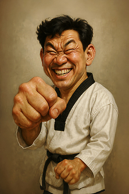 JPG 편집이미지 남자 중년 한명 웃음 상반신 갈색 주먹 펀치 유머 역동적 태권도복 열정 태권도선수 검은띠 중년남자한명만 편집실사 1 감정 스포츠용품 컬러 컨셉 모션 운동선수 표정 도복 사람 성인 끈 CG 태권도 남자한명만 중년남자만 파일형식