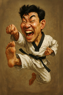 JPG 전신 편집이미지 남자 중년 한명 갈색 외침 주먹 펀치 유머 킥 역동적 태권도복 열정 태권도선수 검은띠 중년남자한명만 편집실사 1 감정 스포츠용품 컬러 컨셉 모션 운동선수 도복 사람 성인 소리 끈 CG 태권도 남자한명만 중년남자만 파일형식