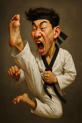 JPG 전신 편집이미지 남자 중년 한명 갈색 점프 외침 유머 킥 역동적 태권도복 열정 태권도선수 검은띠 중년남자한명만 편집실사 1 감정 스포츠용품 컬러 컨셉 모션 운동선수 도복 사람 성인 소리 끈 CG 태권도 남자한명만 중년남자만 파일형식