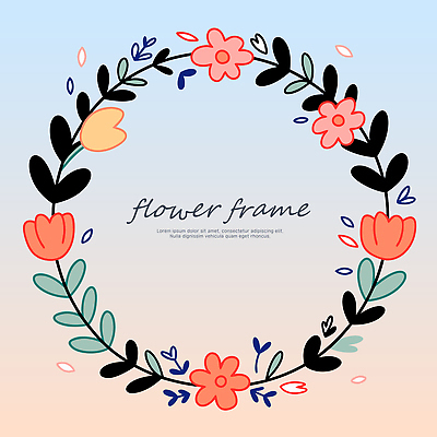 꽃잎 분홍색 하늘색 잎 일러스트 사람없음 그라데이션 원형프레임 꽃프레임 리스장식 국내일러스트 AI파일 식물 꽃 컬러 프레임 장식 파란색 원형 파일형식 벡터