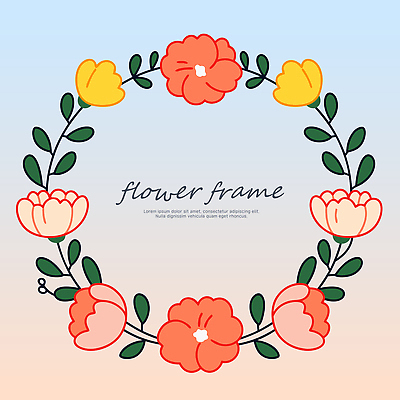 분홍색 하늘색 잎 일러스트 사람없음 그라데이션 원형프레임 꽃프레임 리스장식 국내일러스트 AI파일 식물 꽃 컬러 프레임 장식 파란색 원형 파일형식 벡터