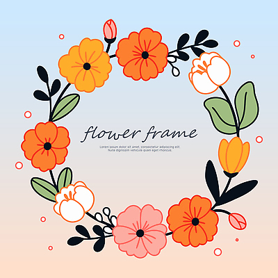 분홍색 하늘색 잎 일러스트 사람없음 꽃봉오리 그라데이션 원형프레임 꽃프레임 리스장식 국내일러스트 AI파일 식물 꽃 컬러 프레임 장식 파란색 원형 파일형식 벡터