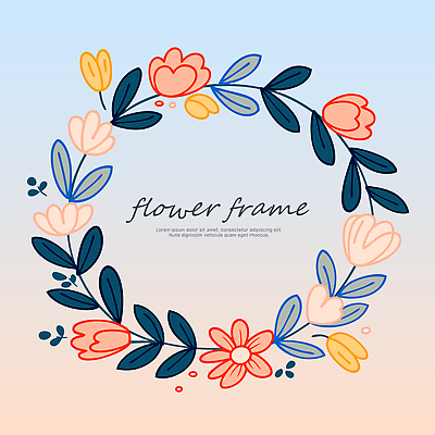 분홍색 하늘색 잎 일러스트 사람없음 그라데이션 원형프레임 꽃프레임 리스장식 국내일러스트 AI파일 식물 꽃 컬러 프레임 장식 파란색 원형 파일형식 벡터