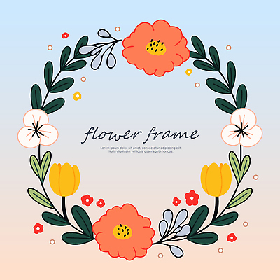 분홍색 하늘색 잎 일러스트 사람없음 그라데이션 원형프레임 꽃프레임 리스장식 국내일러스트 AI파일 식물 꽃 컬러 프레임 장식 파란색 원형 파일형식 벡터