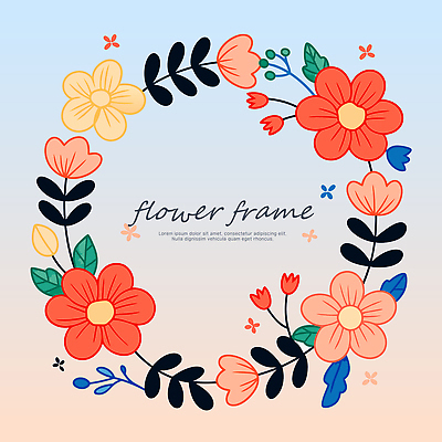 분홍색 하늘색 잎 일러스트 사람없음 그라데이션 원형프레임 꽃프레임 리스장식 국내일러스트 AI파일 식물 꽃 컬러 프레임 장식 파란색 원형 파일형식 벡터